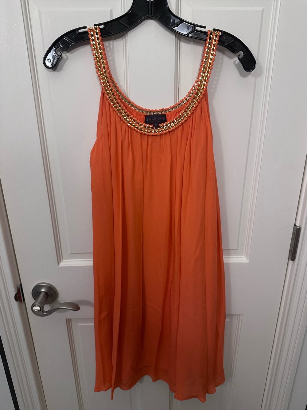 Hale Bob Orange Midi Dress with Gold Chain Trim